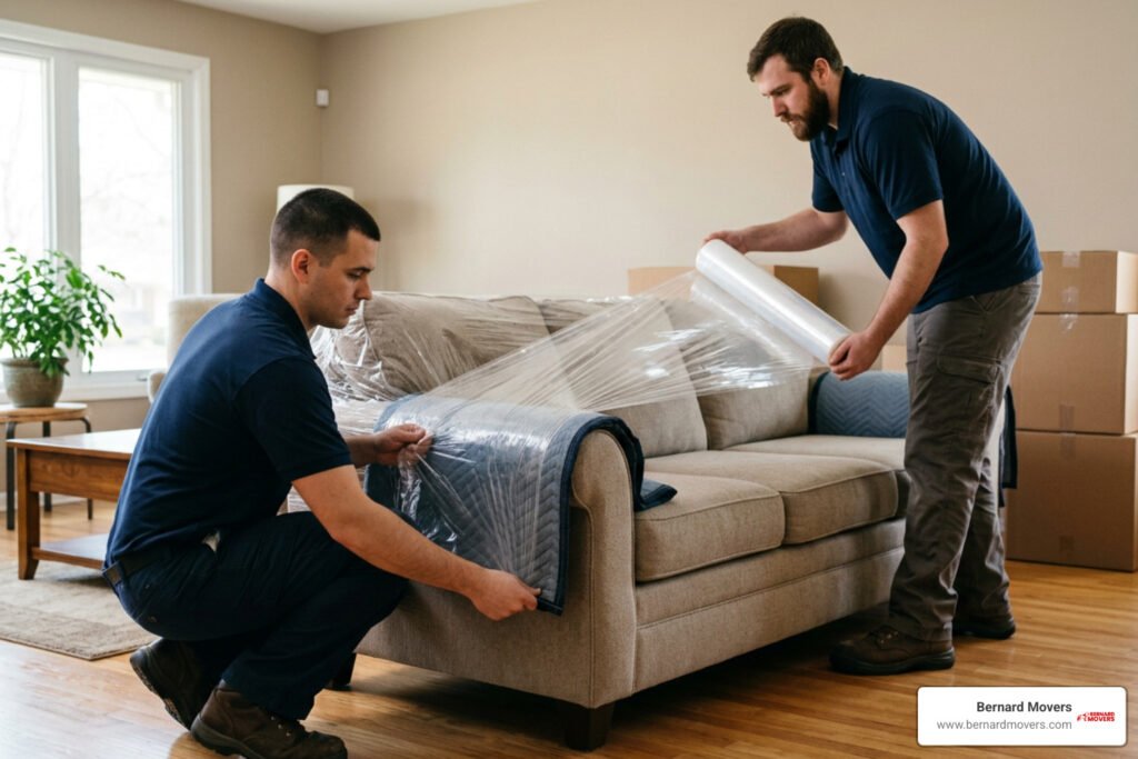 Professional movers wrapping a sofa with protective materials in Melrose Park