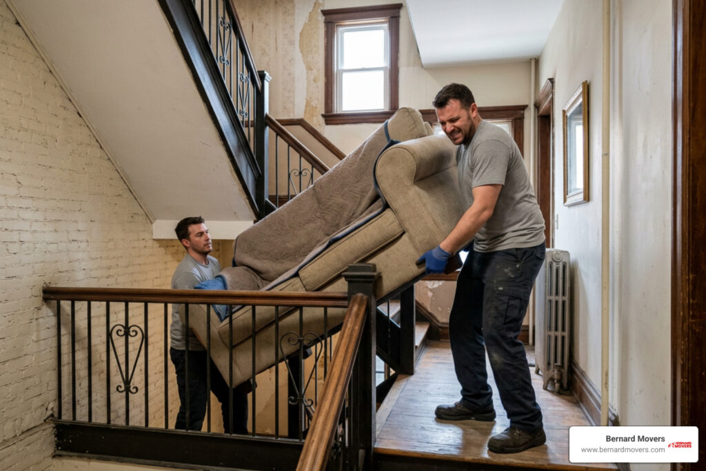 Professional movers carrying a heavy sofa up a flight of stairs in a Chicago apartment building