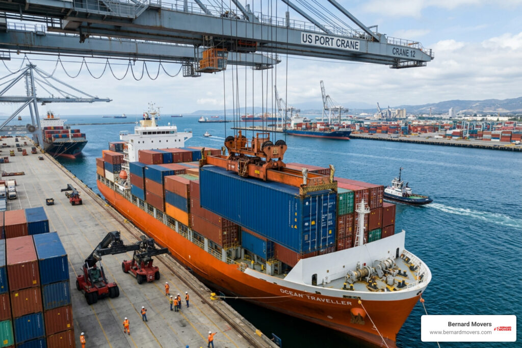 Europe moving company international shipping container loaded at port