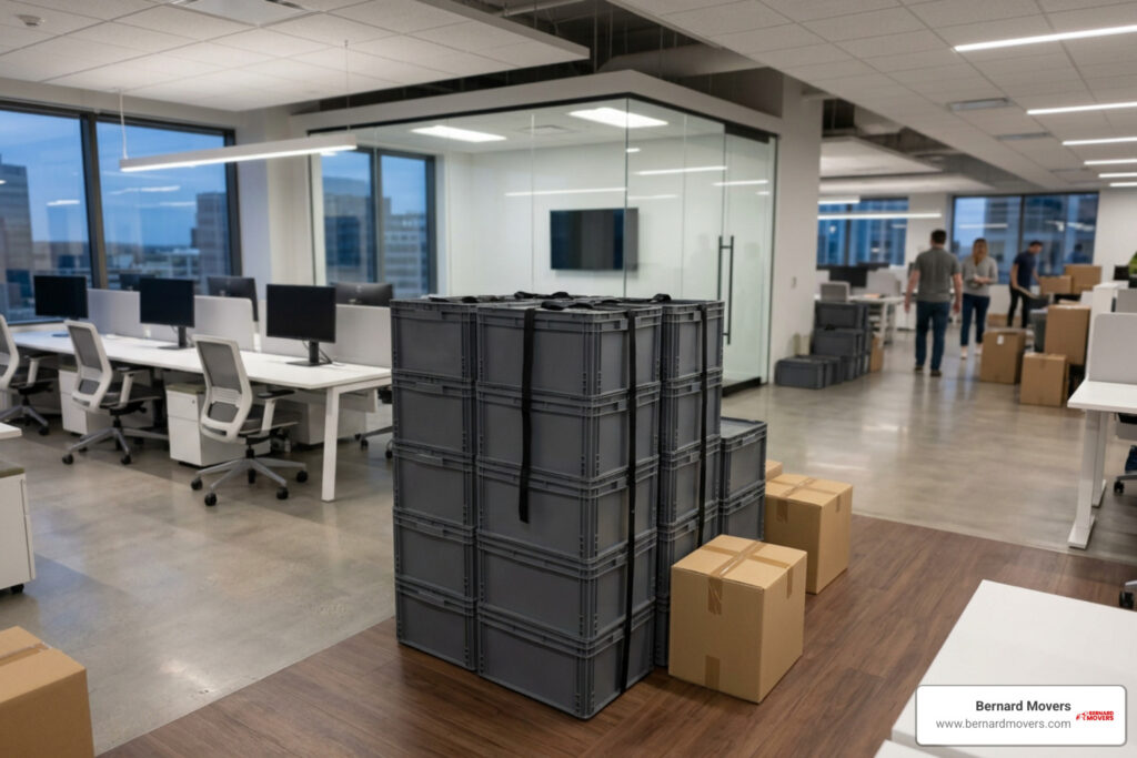 office moving crates stacked in a modern office