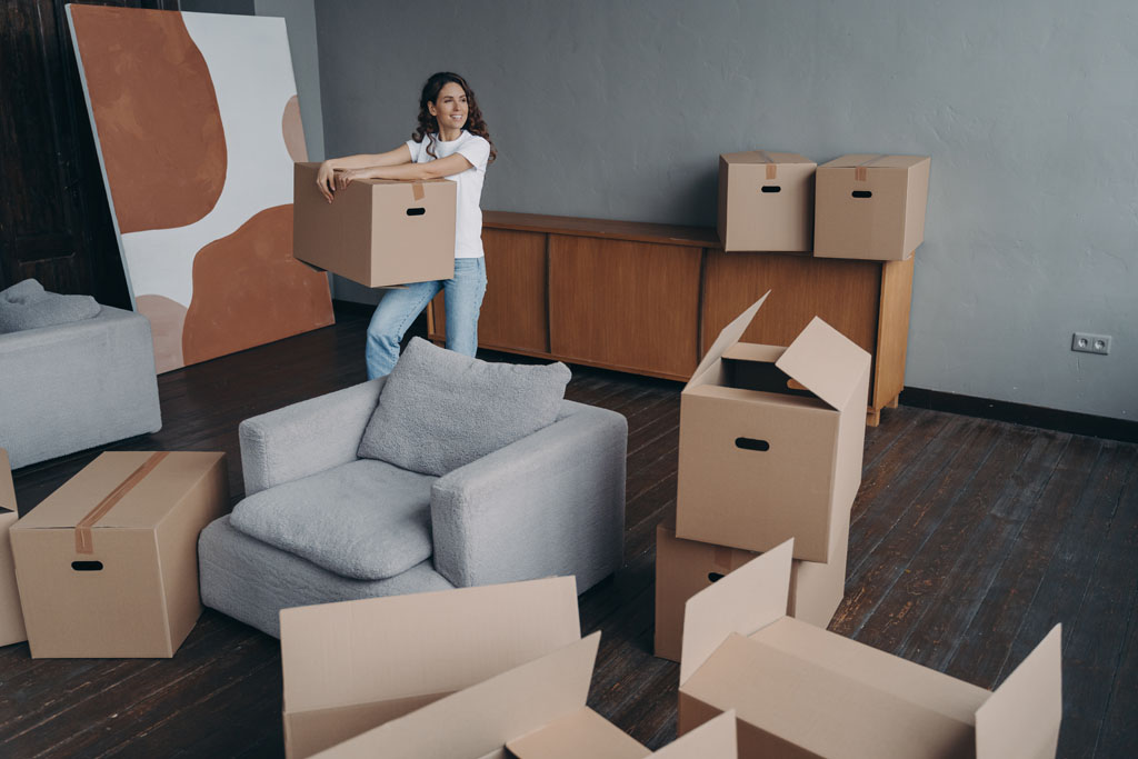 moving boxes packed in a living room